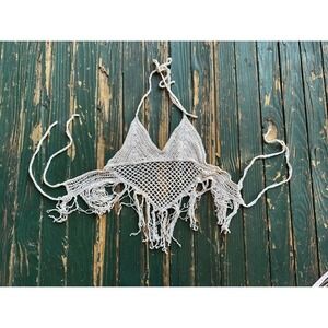 Julia by Love J Crochet Halter Top‎ Cream Beige Boho Fringe Festival Tank Large
